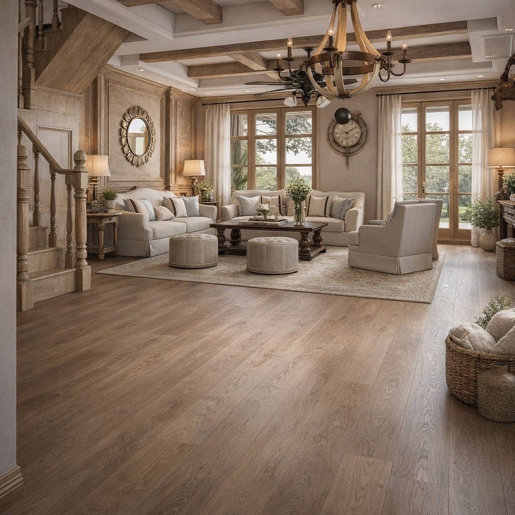 Spacious living room with wide-plank wood-look flooring, exposed beams, and natural light