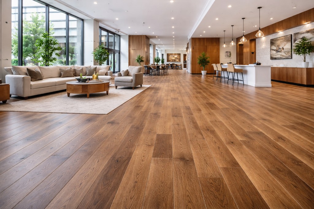 Spacious open-plan interior with rich wide-plank hardwood flooring throughout