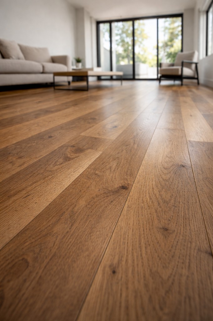 Bright living room with wide-plank natural oak hardwood flooring